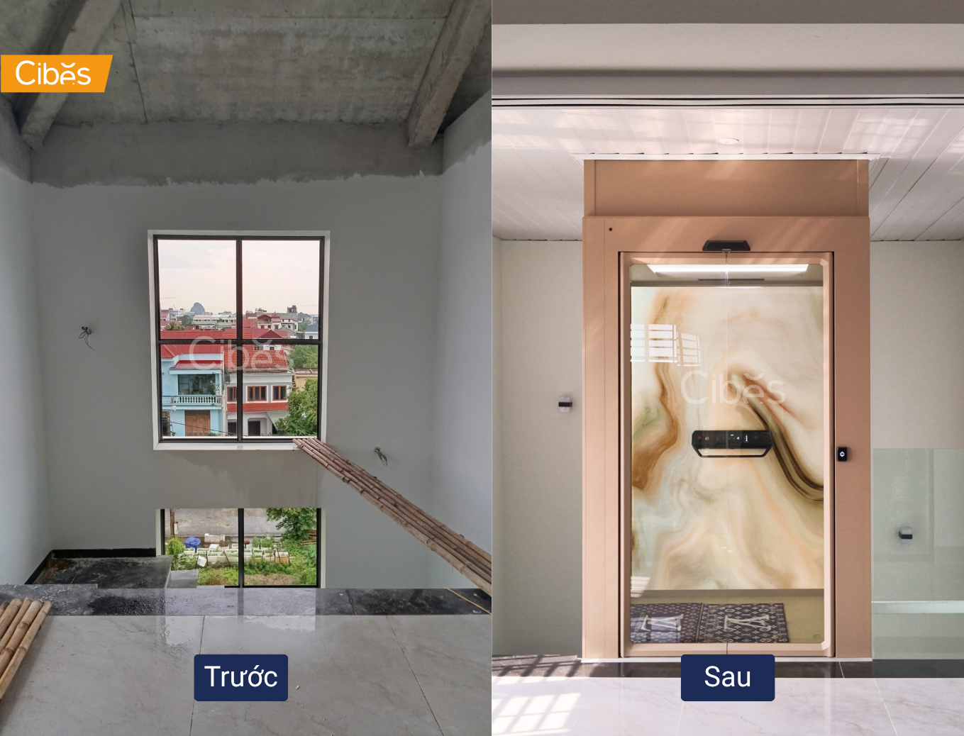 Hình ảnh trước và sau khi lắp đặt thang máy không phòng máy Cibes V90 Aurora 